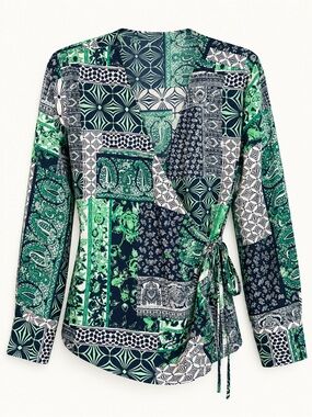 LOFT Patchwork Paisley Wrap Blouse Green Navy Size Large